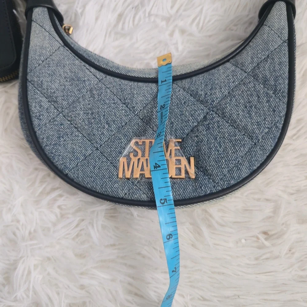 Steve Madden Blue Quilted Denim Crescent Shoulder Bag With Coin Purse Logo Strap